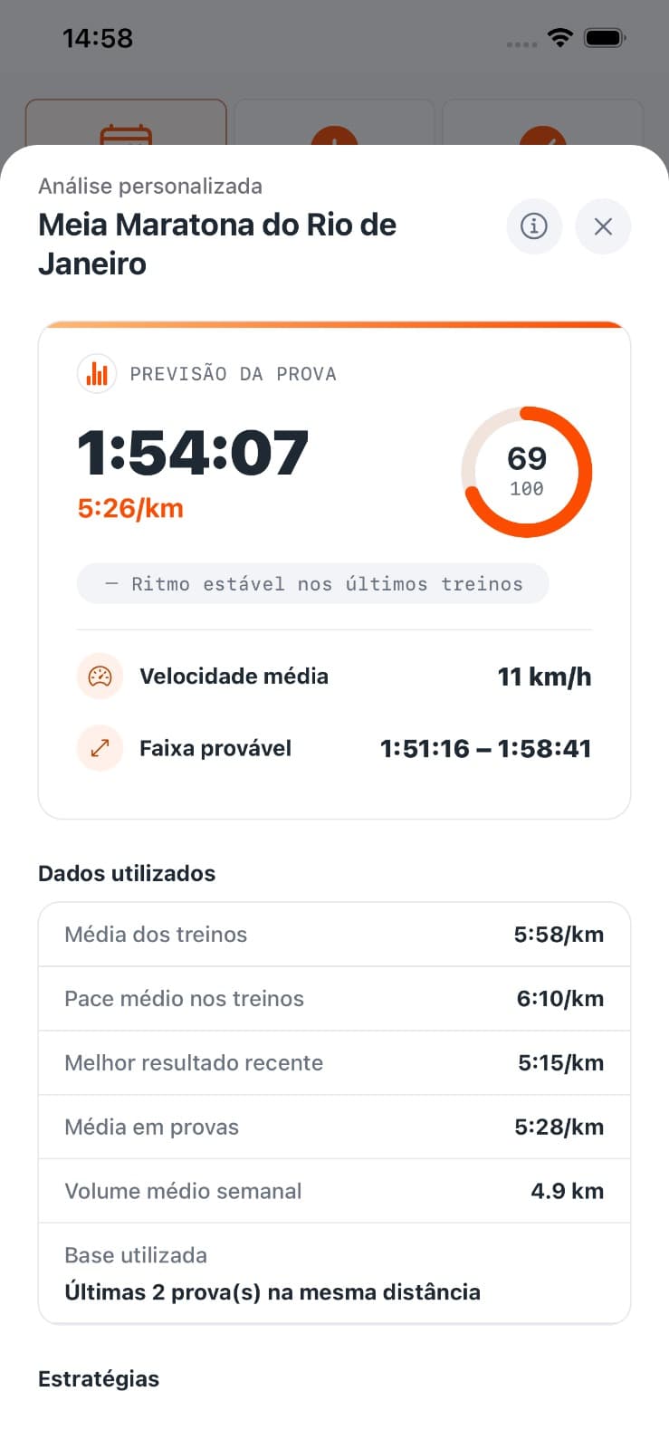 Análise da prova com tempo estimado, pace previsto e faixa provável