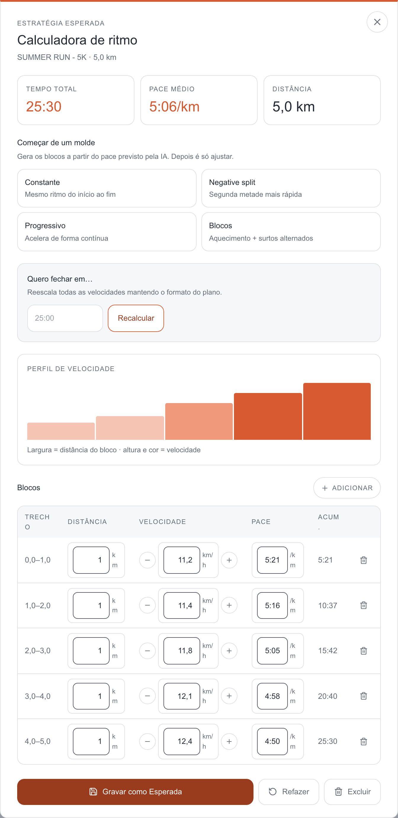 Calculadora de ritmo com tempo total, pace médio, moldes de estratégia, perfil de velocidade e blocos editáveis em km/h e pace